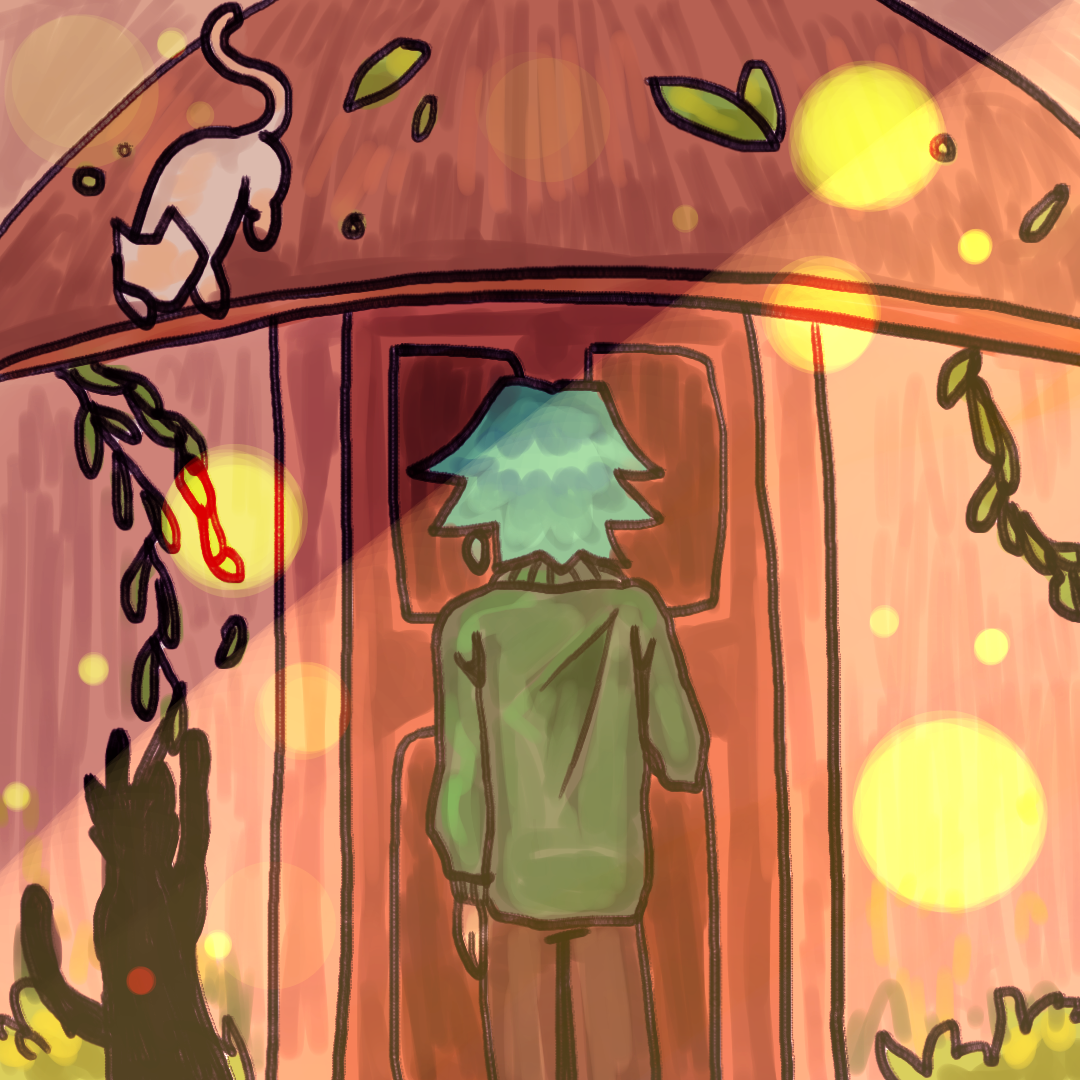 main character standing before a door with the cats